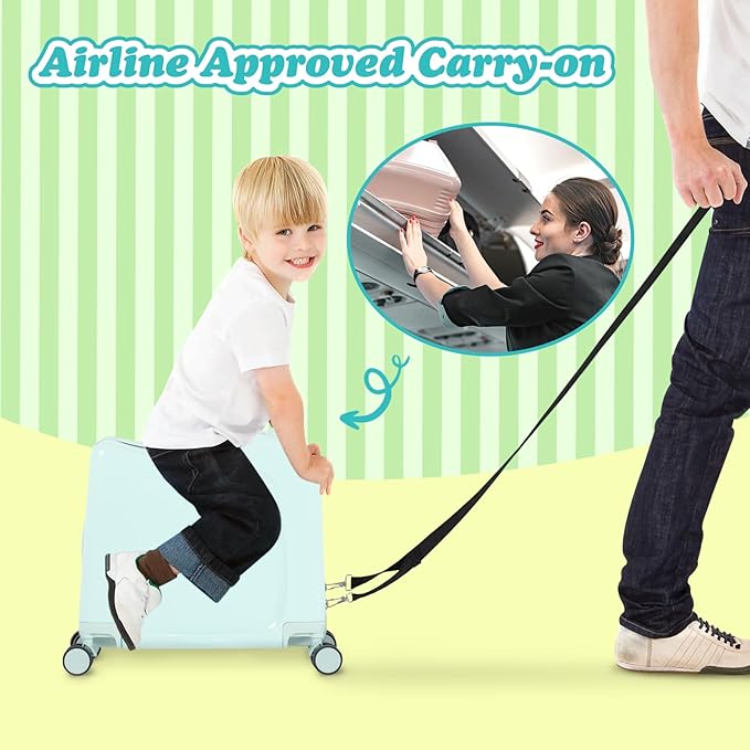 smilesun 20" Ride-On Travel Suitcase for Kids, Cute Ear Toddler Carry on Luggage with Spinner Wheels, Children Rolling Trolly Luggage with Combination Lock (Green with Rope)