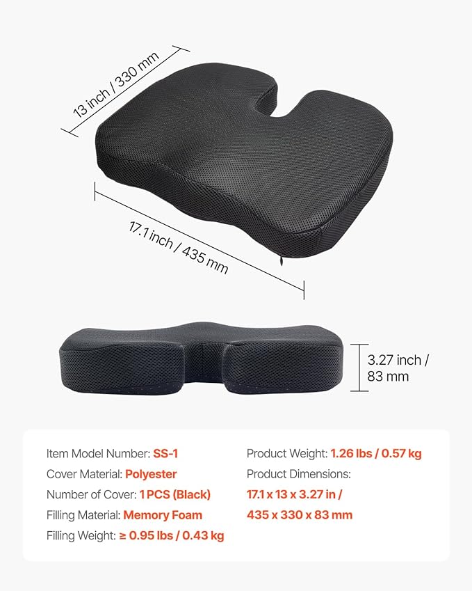 VEVOR Seat Cushion, Memory Foam Seat Chair Cushion for Pressure Relief, Soft & Breathable Wheelchair Seat Pad with Removable Cover for Travel, Office, Car, Airplane - Lightweight and Portable