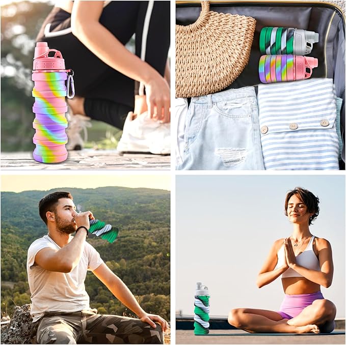 Collapsible Water Bottle for Adults, Boys, Students, Kids, Reusable Silicone Foldable Water Bottles for Travel Camping Hiking Sports,Leak-Proof Portable Sports Water Bottle (Pink & Green)