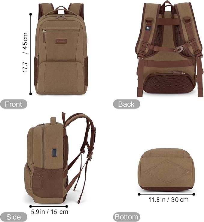 Tzowla Canvas Laptop College Backpack for Men and Women,Travel Work Vintage Rucksack with USB/Type-C Charging Port,Lightweight Hiking Casual Daypack Backpacks fit 15.6 inch Notebook,Brown