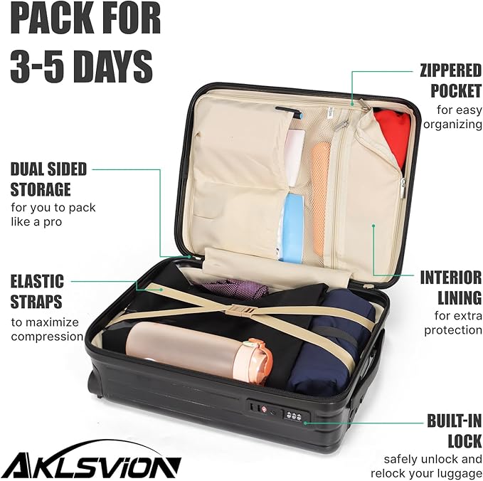 18-inch Carry-on Boarding Luggage: Equipped with Movable Wheels, TSA Approved,Under the Seat, Hard Shell Construction, Lightweight Bag with Essential Accessories (Jet Black)
