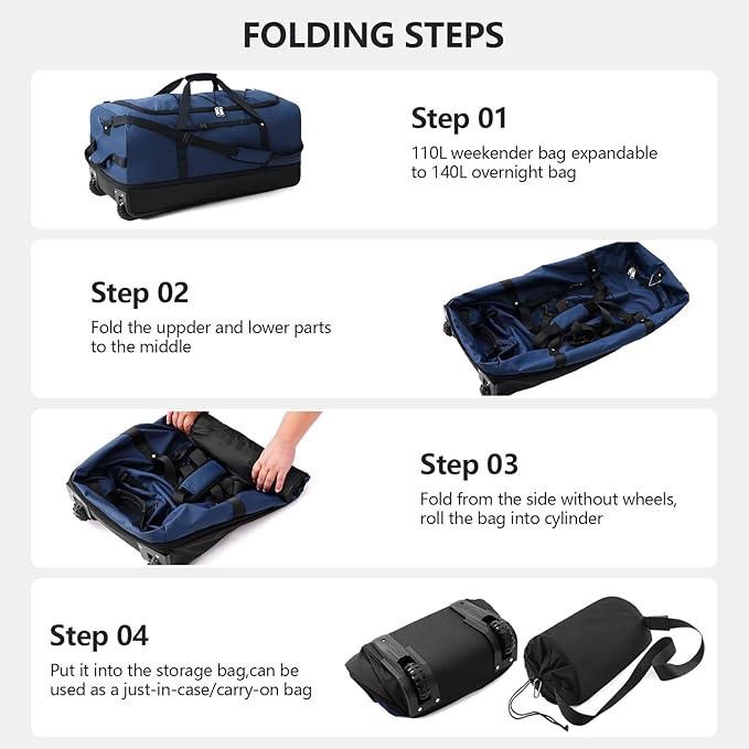 CONTAIL 32" Soft-Sided Rolling Duffle Bag with 2 Wheels,Expandable from 110L to 140L, Foldable Travel Duffel with Multiple Compartments,Navy