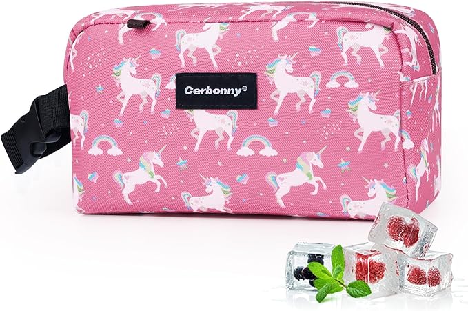 Cerbonny Small Insulated Cooler Bag (Pink Unicorn), 2.2L Meal Holder for Work, School, Travel, Picnic - Freezable Lunch Bag with Detachable Gel Packs, Fits Yogurt, Snacks, Breast Milk
