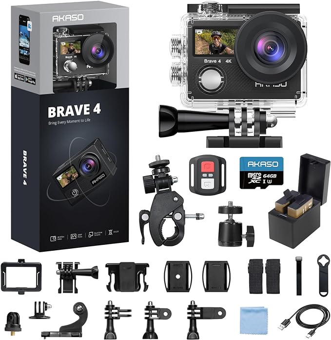 AKASO Brave 4 Action Camera 4K 30fps with 64GB MicroSD Card Bundle 20MP Ultra HD 131FT Waterproof Underwater Camera EIS WiFi Remote Control 5X Zoom Sport Cameras with Bicycle Accessories Kit