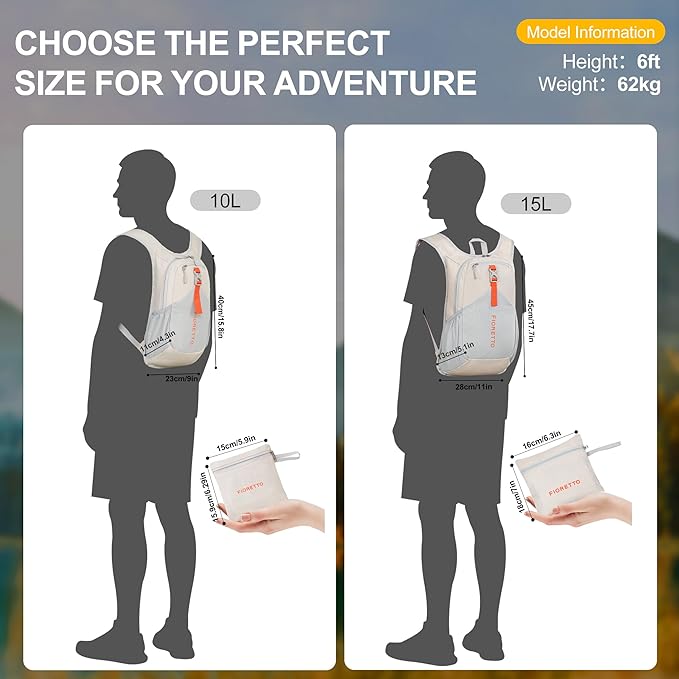 FIORETTO 10L Hiking Backpack for Women Men Mini Packable Backpack Lightweight Small Daypack for Camping Travel Outdoor, Beige