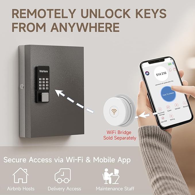 WeHere 32 Key Lock Box Wall Mount, Smart Key Cabinet with APP Bluetooth/Fixed/Dynamic Password/OTP Share Unlock, Security Lockbox ERP for Valets/Realtors/Office/Hotel Key Management