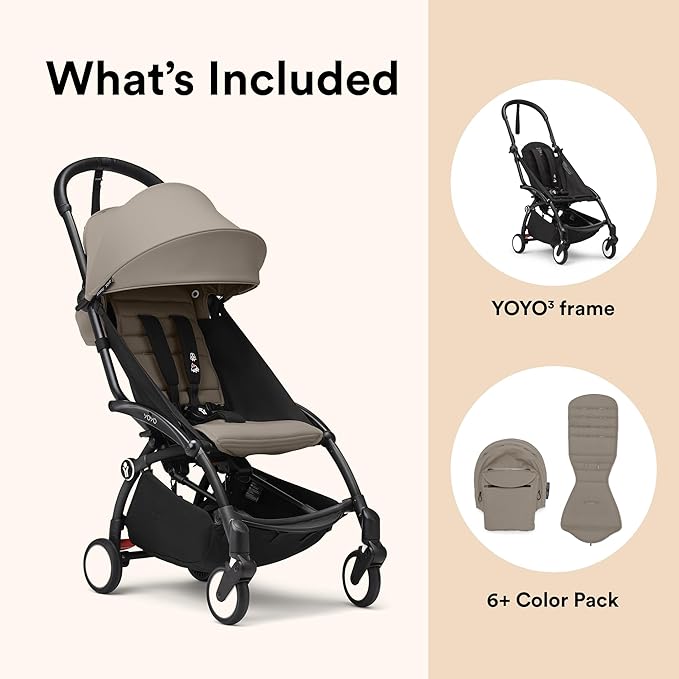 Stokke YOYO3 Stroller from 6 Months - Includes Black Frame/Taupe Seat Cushion + Canopy - Folds in & Out in a Flash - Light & Compact - Carry-On Compatible