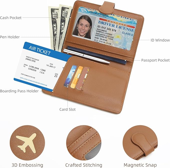 ZOPPEN Rfid Passport Holder for Travel, Passport Cover Wallet Case Travel Essentials Document Organizer, Card Holder Travel Wallet Womens Men, Brown