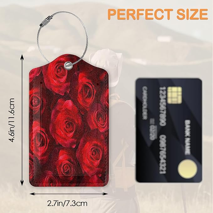 Romantic Elegant Red Roses PU Leather Luggage Tags for Suitcase, Travel Cruise 3 Pack with Privacy Flap, Name ID Label and Metal Loop for Women Men Girls Baggage Bag Backpack