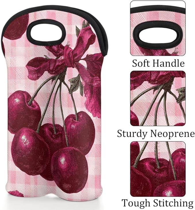 Neoprene Wine Tote, Bottle Carrier Gag Insulating Neoprene Thicker, Insulated Wine Bag for Travel Holds Two Bottles, Bottle Carrier Bags Protect the Bottles, Cherry