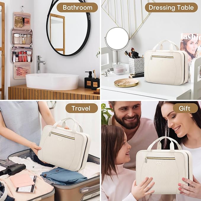 Hanging Toiletry Bag for Women Travel, 2 Sizes Large & Small Waterproof Cosmetic Organizer with 4 Compartments, Rotating Hook, Foldable Pink Travel Bag for Toiletries & Makeup - Large Beige