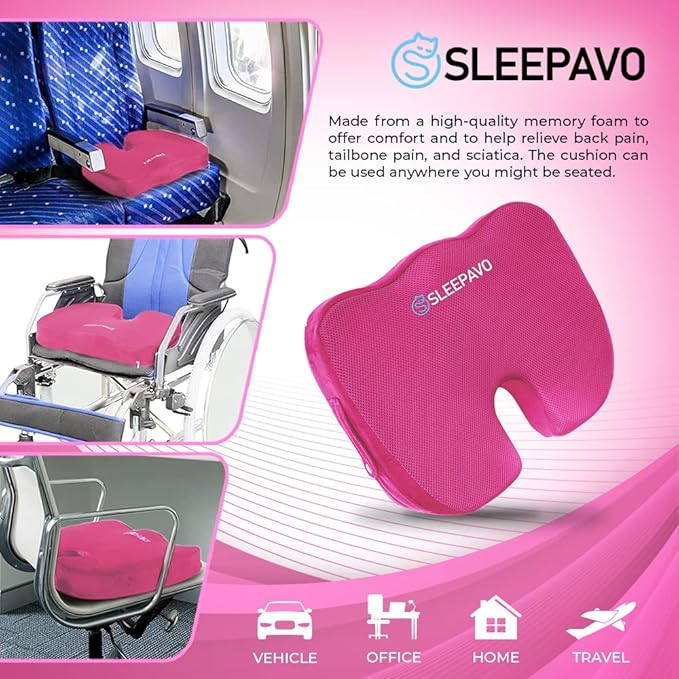 Sleepavo Office Chair Cushion - Seat Cushion for Tailbone Pain Relief - Butt Pillow for Coccyx, Sciatica, and Lower Back Pain - Orthopedic Chair Pad for Lumbar Support in Office Desk (Pink)