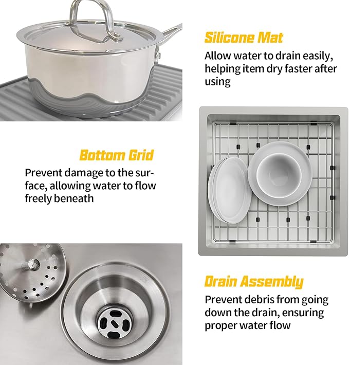 Small Kitchen Sink,18x18 In Bar Sink Stainless Steel Undermount Small Kitchen Sink Ideal Choice For Small Space Nice As Undermount Prep Sink,RV Kitchen Sink With Bottom Grid,Silicon Mat And Drain Set