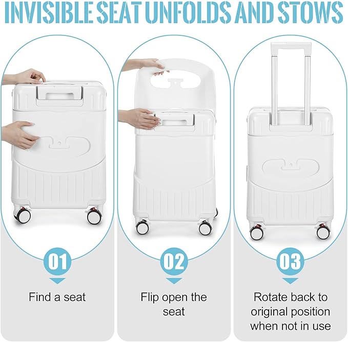 Carry on Luggage with Seat for Kids Expandable Ride on Suitcase with Spinner Wheels and Locks for Travel (20 Inch,White)