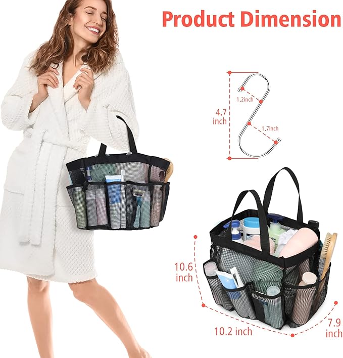 F-color Mesh Shower Caddy Portable with Dividers - Upgrade Deeper 7 Pockets Dorm Room Essentials with S Hook, Shower Bag Basket Tote for Guys Girls College Camping Toiletry Bathroom, Black
