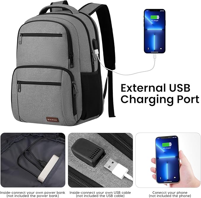 BIKROD Backpack for Men, TSA Travel Backpack, College Backpacks Water Resistant Back Pack with USB Charging Port, Business Anti Theft Durable Computer Bag Gifts Fits 15.6 Inch Laptop, Grey
