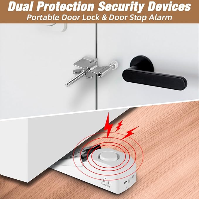 1 Pack 120dB Travel Door Stopper Alarm & Portable Door Lock, 3-Level Sensitivity Adjustable Travel Security Wedge for Hotel Home Apartment Dorm