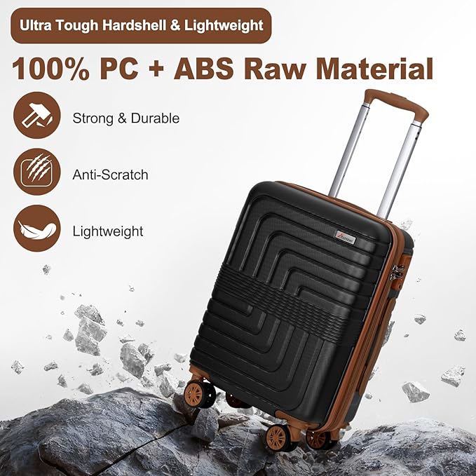 Romswi Expandable 20" Carry On Luggage,Hardshell Suitcase with Double Spinner Wheels for 20% More Space, Airline Approved Lightweight Hardside Luggage, Scratch-Resistant & YKK Zipper,Black