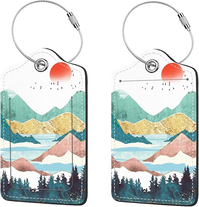 2 Pcs Luggage Tags for Suitcases, PU Leather Cruise Ship Luggage Tags with Privacy Cover Label Address Card and Durable Metal Ring Suitable for Men Women Handbags Backpacks Schoolbag,Golden Mountains