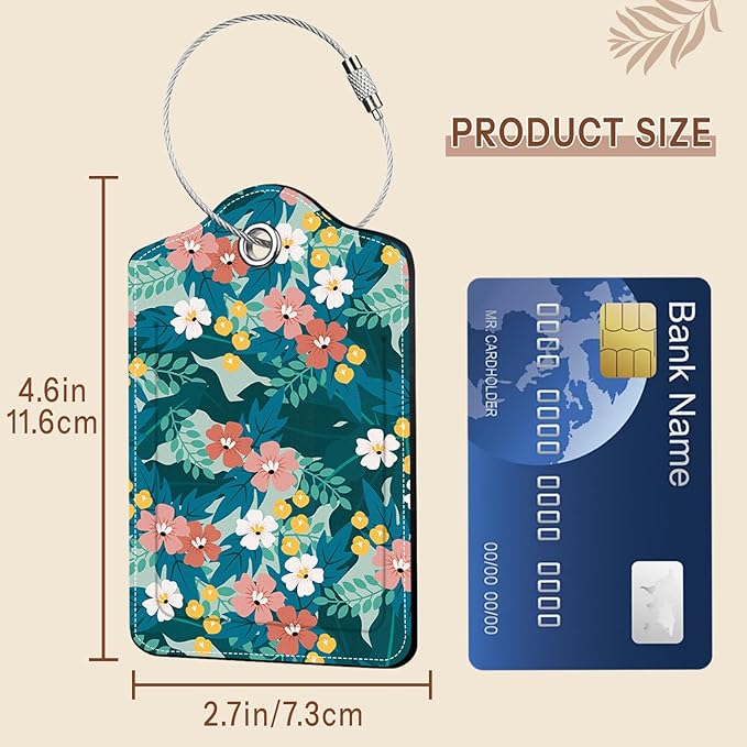 2 Pcs Floral Luggage Tag for Suitcases, Green Luggage Tags PU Leather Luggage Tag Name ID Labels with Privacy Cover Suitcases Women Fun Laggage Tags