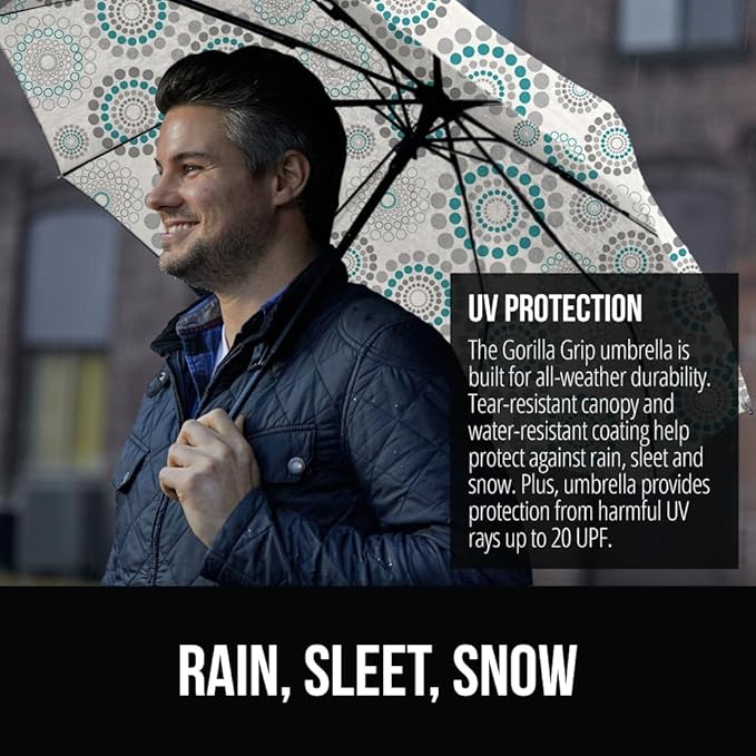 GORILLA GRIP Strong Stick Umbrella for Rain, Compact Travel One-Click Automatic Open Close, Lightweight, Portable, US Designed Reinforced Fiberglass Ribs, Wind Resistant, Easy Collapse, Spiral