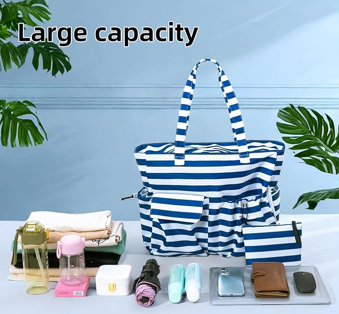 LEDAOU Large Beach Tote Bag Women Waterproof Sandproof Zipper Beach Tote Bag for Pool Gym Grocery Travel with Wet Pocket