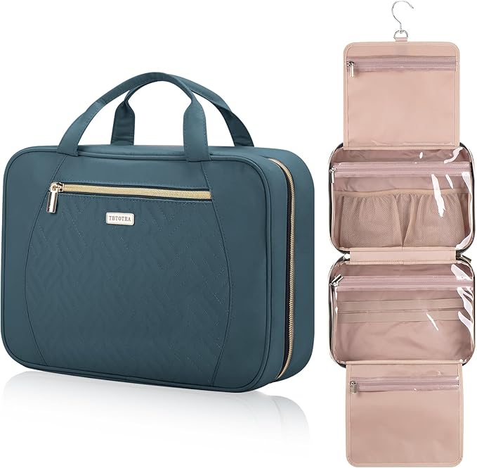 Hanging Toiletry Bag for Women Travel, 2 Sizes Large & Small Waterproof Cosmetic Organizer with 4 Compartments, Rotating Hook, Foldable Pink Travel Bag for Toiletries & Makeup Medium Lake Blue