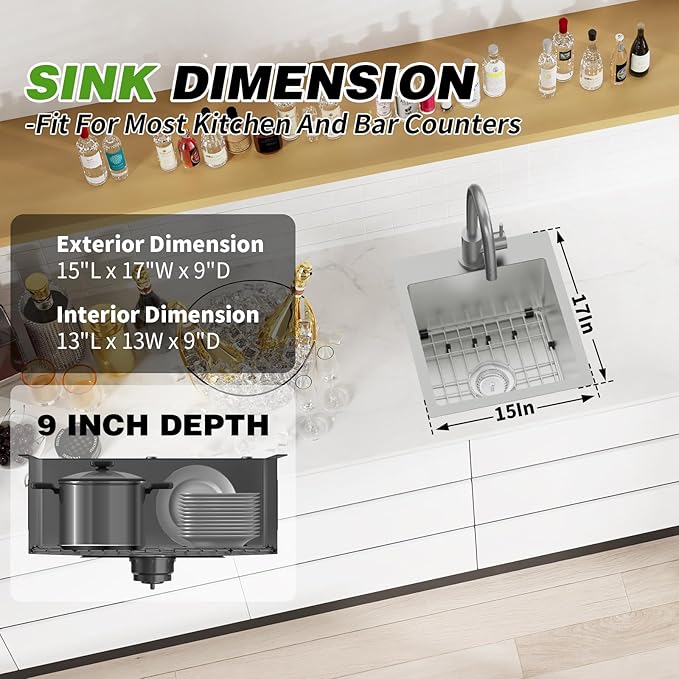 Kitchen And Bar Sink, 15x17 Inch Stainless Steel Drop In Kitchen Sink Modern Single Bowl Topmount Bar Sink Combo-SS Grid,Silicon Mat,Drain Strainer Set Compatibility With Various Kitchen & Bar Style