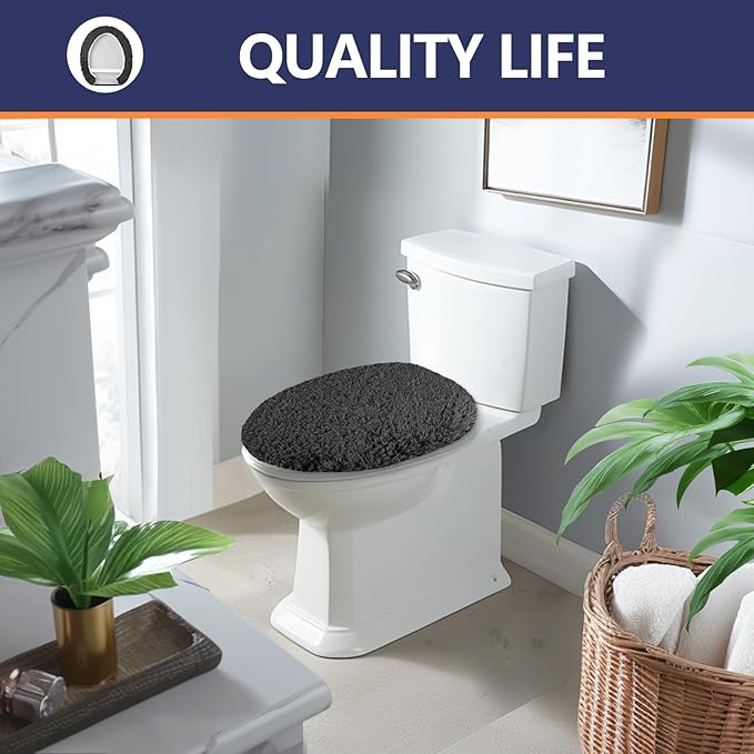 Microfiber Elongated Toilet Seat Cover 19.5"x 15" Machine Washable Solid Toilet Lid Cover Adjustable Rubber Backing Fits Most 18-19.5" L x 14-16" W Elongated Toilet Seat