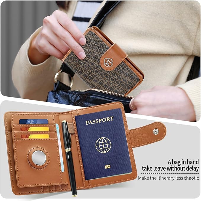 Passport Holder Wallet Bag with AirTag Holder, Card Slots Passport Solt Ticket Cash Solt, Photo Solt Sim Card Pen Slot.Brown