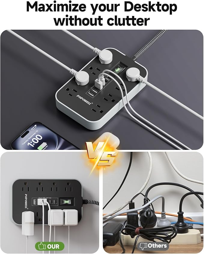 Power Strip Surge Protector- 5FT Flat Plug Extension Cord, 8 AC Outlet& 6 USB Ports(3 USB C), 1080 J Surge Protection, Desk Charging Station, Overload Switch, Home, Office, Gaming Room Essentials.