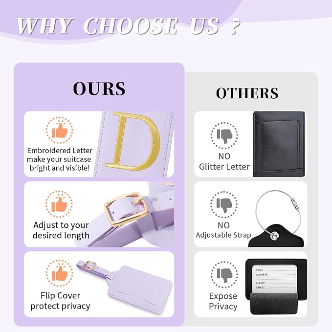 Personalized Initial Luggage Tags for Suitcase, Purple Leather Cute Luggage Tags with Privacy Cover Name Card, Embroidered Custom Monogrammed Luggage Tag Travel Backpack Tags Gifts for Women Kids(D)