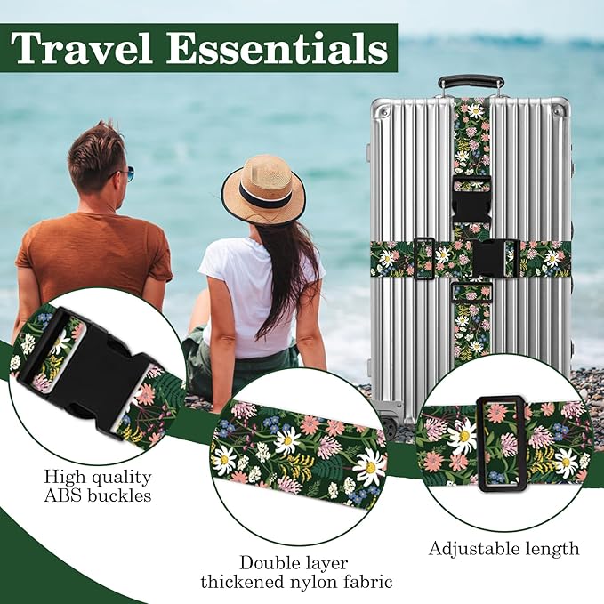 Wildflowers Luggage Straps for Suitcases TSA Approved, Luggage Identifiers for Suitcase, Adjustable Suitcase Strap for Baggage Security with Cute Patten, Travel Necessary Accessories (2Pack)