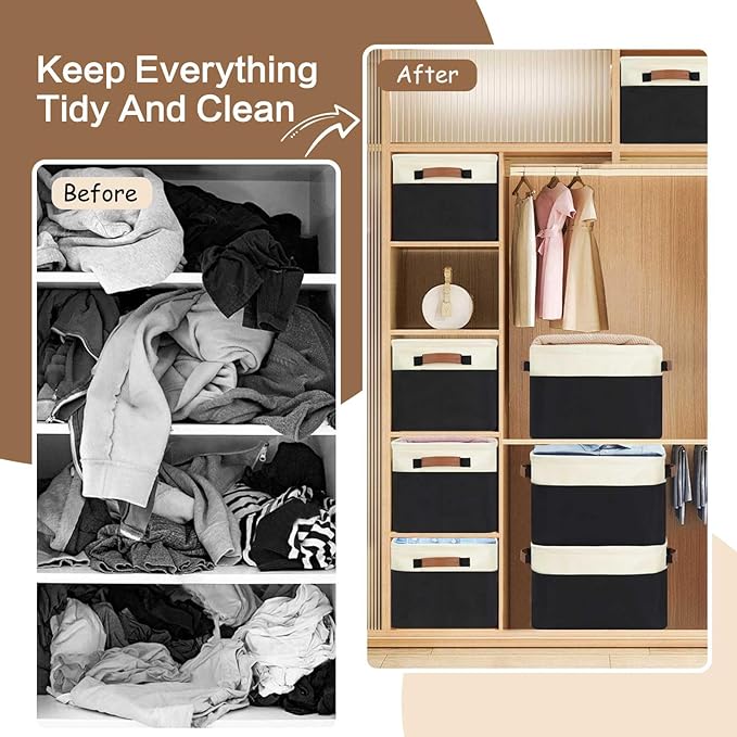 GhvyenntteS 6 Pack Large Fabric Storage Bins for Shelves with Metal Frame Opening & Hard Bottom Board, Collapsible Storage Baskets for Shelves, 15x11 Inch Baskets for Organizing Clothes Toys (Black)