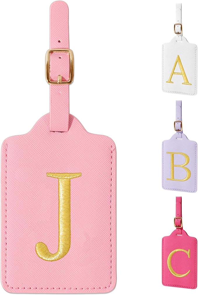 Personalized Initial Luggage Tags for Suitcase, Pink Leather Cute Luggage Tags with Privacy Cover Name Card, Embroidered Custom Monogrammed Luggage Tag Travel Bag Baggage Tags Gifts for Women Kids(J)