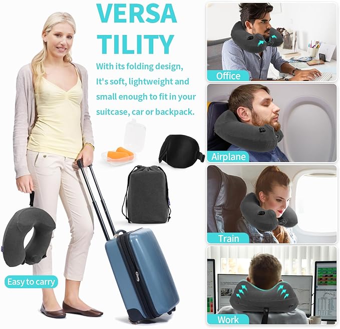 2 Pack Inflatable Travel Neck Pillows for Airplanes, Head Support Velvet Adult Neck Pillows for Long Flight, Kit with Eye Mask, Earplugs and Storage Bag, 2, Black