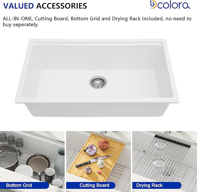 Dcolora 30 Inch White Kitchen Sink Granite Composite Workstation Undermount Quartz Single Bowl Kitchen Sink 30"W x 19"D x 10"H, DC-GU5521