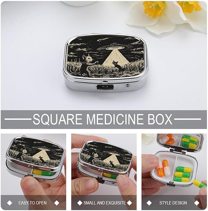 Metal 2 Compartment Pill Organizer Travel Friendly Portable Compact Pill Box Cute Pill Case to Hold Vitamins,Fish Oil,Supplements,Meds,Tablet for Purse,Pocket. (Cats and Spaceships)
