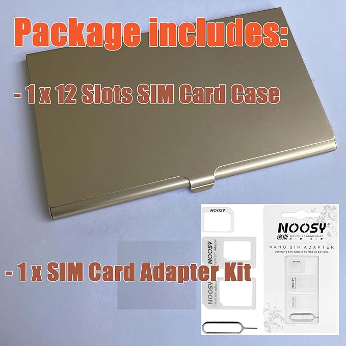 Aluminum SIM Card Case, 12 Slots Ultrathin Nano SIM Card Holder with SIM Card Adapter Kit for Travelers or Holiday Trip (Gold)