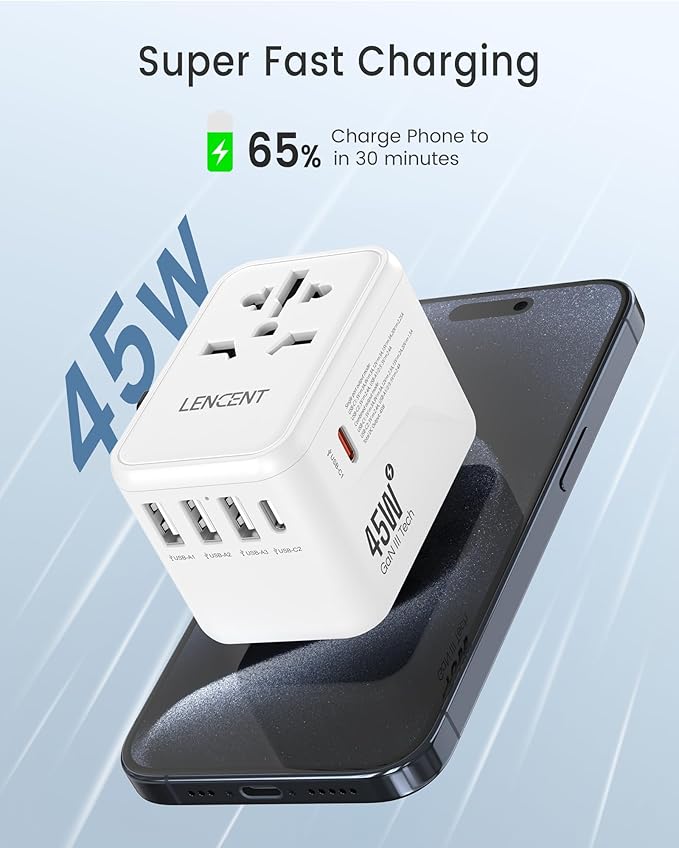 LENCENT Universal Travel Adapter, GaN III 45W International Charger with 3 USB Ports & 2 USB-C PD Fast Charging Adaptor, Worldwide Wall Charger for iPhone,Laptops, USA/UK/EU/AUS (White-45W)