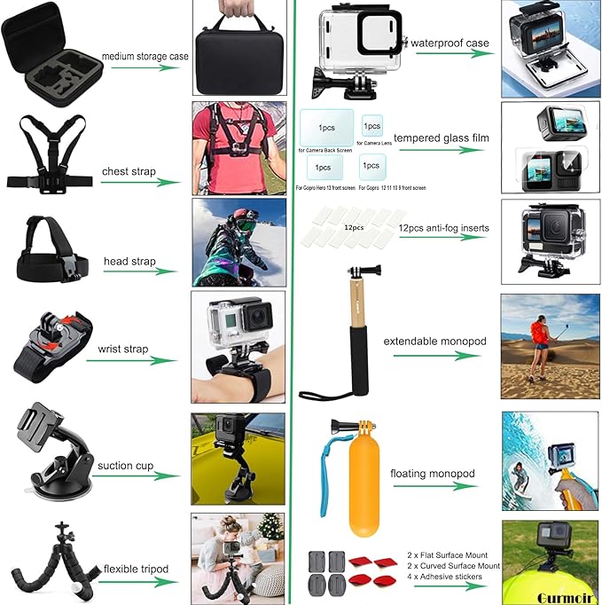 Gurmoir Accessory Pack for Go Pro 13 12 11 10 9 Hero, Full Essential Accessories Kit with Waterproof Protective Housing Case for GoPro Hero 13 12 11 10 9 Black(DT06)