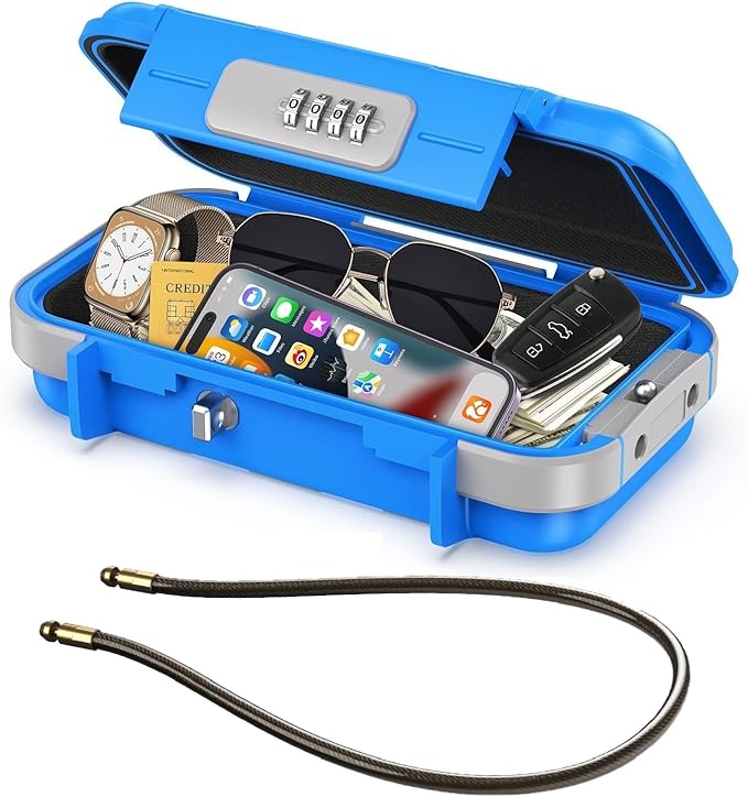 LOFICOPER Portable Safe Box, Portable Security Case, Waterproof Combination Lock Box for Travel, Small Personal Beach Safe with Removable Chain, for Travel, Hotel, Riding, Blue