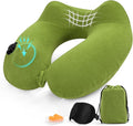 Inflatable Travel Neck Pillow for Airplane, Head Support Velvet Adult Neck Pillow for Long Flight, Kit with Eye Mask, Earplugs and Storage Bag,1, Green