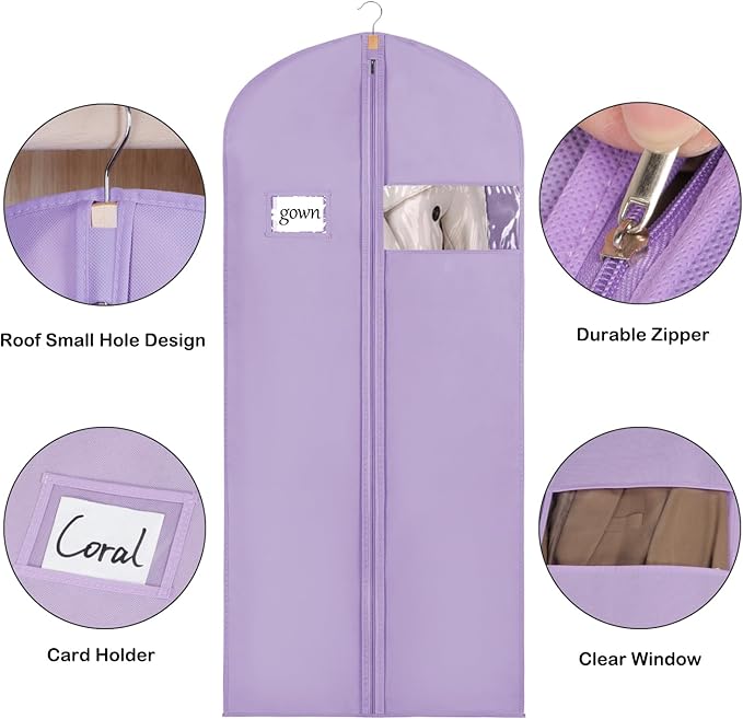 Syeeiex 60'' Garment Bags for Hanging Clothes, Set of 8 Dress Bags for Gowns, Garment Bags for Closet Storage for Gowns, Evening Dresses, Fur Coat, Long Dress(Purple)