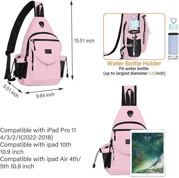 MOSISO Sling Backpack,Canvas Crossbody Hiking Daypack Bag with Anti-theft Pocket, Pink
