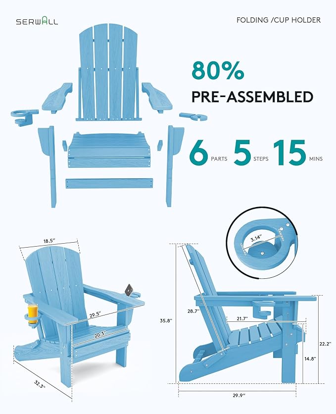 SERWALL Adirondack Chair with Cup Holders - Composite Adirondack Chairs Set of 4 HDPE Outdoor Chairs All Weather Use- Light Blue