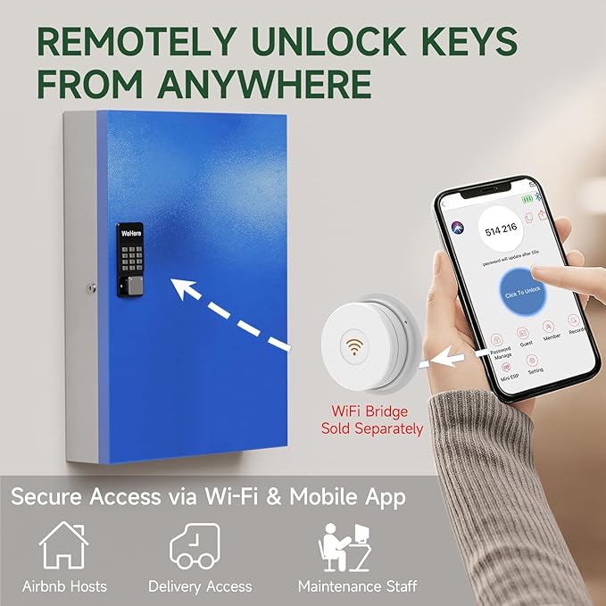WeHere 192 Key Lock Box Wall Mount, APP Bluetooth/Wi-Fi, OTP/Fixed Code, Smart Key Cabinet with Tag, Key Organizer Holder box for Office, Valet, Realtor, Hotel Key Management