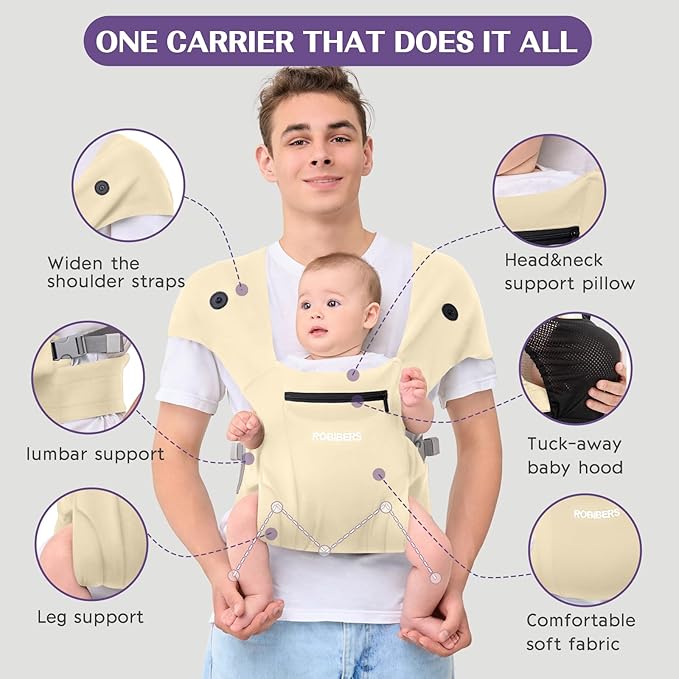 Baby Carrier Newborn to Toddler - Infant Carrier for Babies 0-36 Months, Four Different Uses Supports Up to 50 lbs, Comfortable Baby Front Carrier, Beige