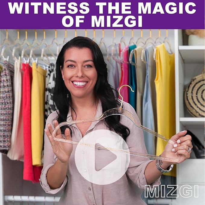 Premium Clear Invisible Acrylic Hangers,Crystal Plastic Hangers with Bling Gold Glitter 50 Pack Ultra Slim & Space Saving Suit Hangers for Coats, Pants & Dress Clothes