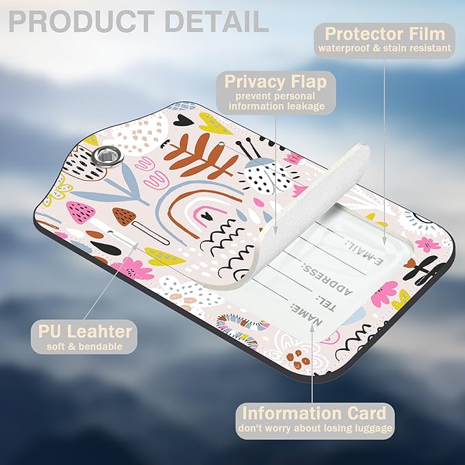 2 Pack Luggage Tags for Suitcases Rainbow Butterfly Mushroom Flower Leather Luggage Tags Privacy Cover ID Label with Stainless Steel Loop and Address Card for Women Men Travel Bag Backpack